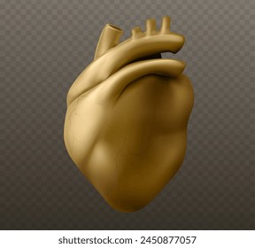 Modelo de escultura de corazón humano dorado. Ilustración vectorial realista de órgano interno de metal dorado para anatomía y concepto médico. Músculo de porcelana para el cuidado de la salud y la cirugía cardiológica.