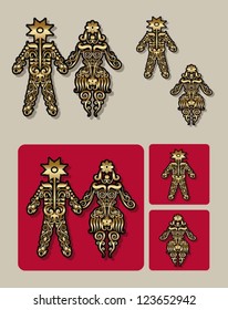 Golden human icon with floral ornament decoration. Male and female icon, good use for social media symbol or jewelry decorative design. Easy to use, because each item is a group.