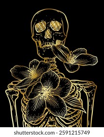 Golden human skeleton with flowers over black background, front view. Hand drawn vector drawing. Gothic style illustration print design.