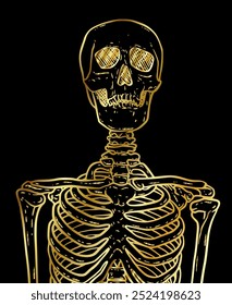 Golden human skeleton over black background, front view. Hand drawn vector body system drawing. Gothic style illustration print design.