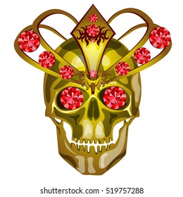 Golden human skull decorated with gold and inlaid with rubies, isolated on white background. Vector illustration.