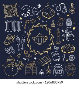 Golden hygge winter elements and doodle illustrations. Cute Christmas icons on dark background
