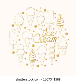 Golden Ice Cream Border With Lettering. Gold Summer Beach Party Print. Juicy Frame In Outline With Cold Yogurt.