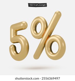 Golden icon, 3d render five percent sign, 5 %. Realistic design element. Vector illustration isolated on white for postcard, icons, poster, banner, web, design, arts. Black Friday Sale