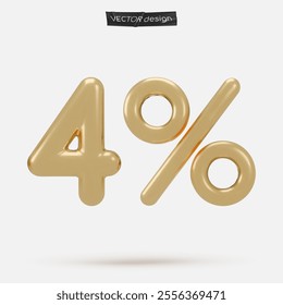 Golden icon, 3d render four percent sign, 4 %. Realistic design element. Vector illustration isolated on white for postcard, icons, poster, banner, web, design, arts. Black Friday Sale