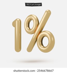 Ícone dourado, 3d renderiza um sinal de 1%, 1%. Elemento de design realista. Ilustração vetorial isolada em branco para cartão postal, ícones, cartaz, banner, web, design, artes. Venda de Black Friday