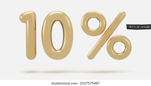 Icono dorado, 3d render diez por ciento signo, 10%. Elemento de diseño realista. Ilustración vectorial aislada en el fondo blanco para la postal, iconos, cartel, Anuncio, Web, diseño, artes. Venta del Black Friday
