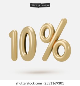 Icono dorado, 3d render diez por ciento signo, 10%. Elemento de diseño realista. Ilustración vectorial aislada en blanco para postal, iconos, póster, Anuncio, Web, diseño, artes. Venta del Black Friday
