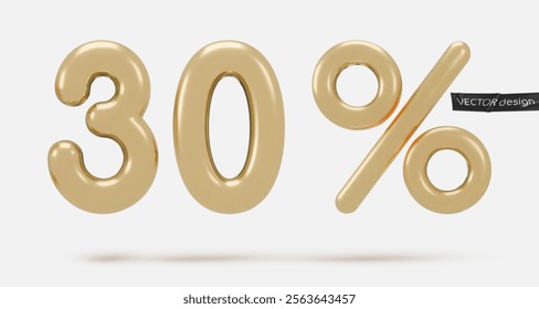 Golden icon, 3d render thirty percent sign, 30 %. Realistic design element. Vector illustration isolated on white for postcard, icons, poster, banner, web, design, arts. Black Friday Sale