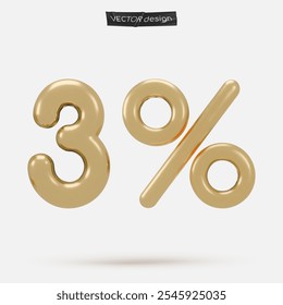 Ícone dourado, 3d renderiza sinal de três por cento, 2 %. Elemento de design realista. Ilustração vetorial isolada em branco para cartão postal, ícones, cartaz, banner, web, design, artes. Venda de Black Friday