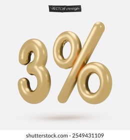 Icono dorado, 3d renderizado tres por ciento signo, 2%. Elemento de diseño realista. Ilustración vectorial aislada en blanco para postal, iconos, póster, Anuncio, Web, diseño, artes. Venta del Black Friday