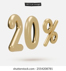 Golden icon, 3d render twenty percent sign, 20 %. Realistic design element. Vector illustration isolated on white for postcard, icons, poster, banner, web, design, arts. Black Friday Sale