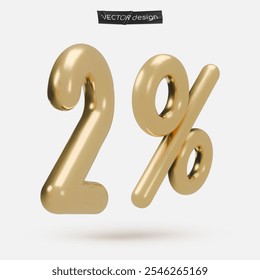 Golden icon, 3d render two percent sign, 2 %. Realistic design element. Vector illustration isolated on white for postcard, icons, poster, banner, web, design, arts. Black Friday Sale