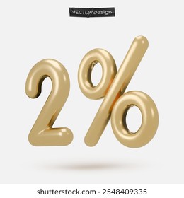 Golden icon, 3d render two percent sign, 2 %. Realistic design element. Vector illustration isolated on white for postcard, icons, poster, banner, web, design, arts. Black Friday Sale