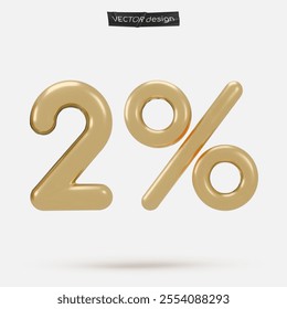 Golden icon, 3d render two percent sign, 2 %. Realistic design element. Vector illustration isolated on white for postcard, icons, poster, banner, web, design, arts. Black Friday Sale