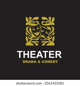 golden icon of comedy and tragedy theatrical masks isolated on black background