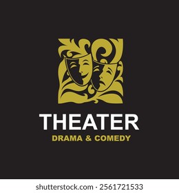 golden icon of comedy and tragedy theatrical masks isolated on black background