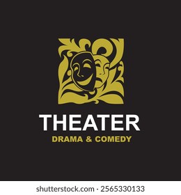 golden icon of comedy and tragedy theatrical masks isolated on black background