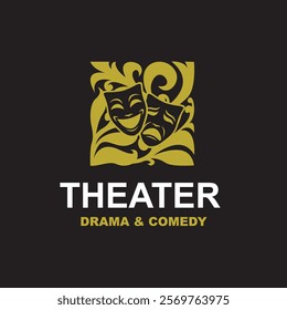 golden icon of comedy and tragedy theatrical masks isolated on black background