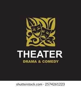 golden icon of comedy and tragedy theatrical masks isolated on black background