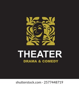 golden icon of comedy and tragedy theatrical masks isolated on black background