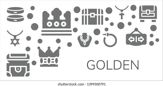 golden icon set. 11 filled golden icons.  Simple modern icons about  - Bracelet, Crown, Necklace, Chest, Earrings, Jewelry, Open