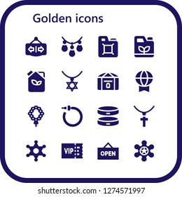  golden icon set. 16 filled golden icons. Simple modern icons about  - Open, Necklace, Fuel, Gasoline, Chest, Prize, Earrings, Bracelet, Jewelry, Sheriff, Vip