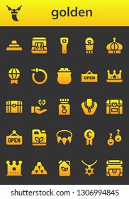 golden icon set. 26 filled golden icons.  Simple modern icons about  - Ingots, Necklace, Earrings, Opener, Sarcophagus, Crown, Prize, Gold, Open, Chest, Jewelry, Vitamin c, Gasoline