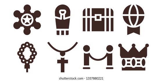 golden icon set. 8 filled golden icons.  Simple modern icons about  - Necklace, Sheriff, Jewelry, Sarcophagus, Velvet, Chest, Crown, Prize