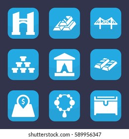 golden icon. Set of 9 golden filled icons such as bridge, necklace, chest, lot price, gold bar, stage
