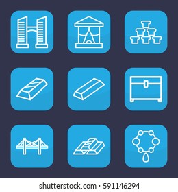golden icon. Set of 9 outline golden icons such as bridge, necklace, gold, chest, gold bar