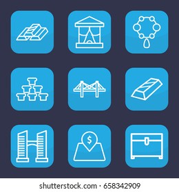 Golden icon. set of 9 outline golden icons such as bridge, necklace, chest, lot price, gold bar, gold