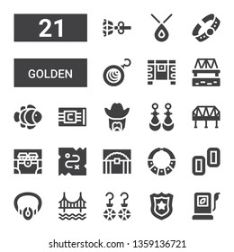 golden icon set. Collection of 21 filled golden icons included Fuel, Police badge, Earrings, Golden gate, Necklace, Pez tablet, Treasure, Chest, Bridge, Sheriff, Bracelet, Clown fish