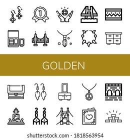 golden icon set. Collection of Earrings, Nuggets, Gold medal, Golden gate, Jewelry, Necklace, Bridge, Bracelet, Chest, Treasure, Great buddha of thailand, Wedding card, Gold icons