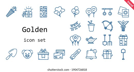 golden icon set. line icon style. golden related icons such as gift, balloon, confetti, balloons, shovel, syrup, bow, bell, garlands, pictures, pig, flute, magic lamp, rings, caduceus, credit card, 