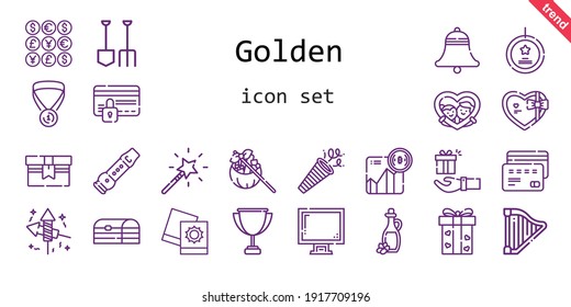 golden icon set. line icon style. golden related icons such as gift, confetti, coins, harp, display, shovel, best seller, fireworks, bell, pictures, flute, magic wand, medal, olive oil, pandoras box