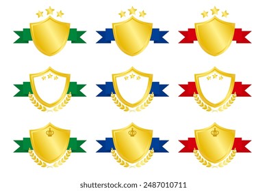 Golden icon set for ranking in shield shape, vector illustration