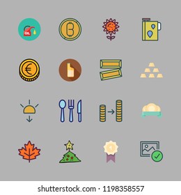 golden icon set. vector set about oils, award, maple leaf and sunset icons set.
