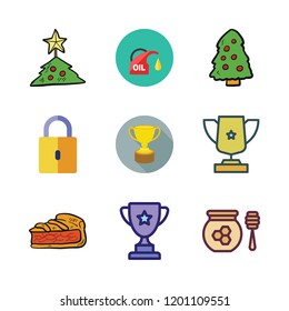 golden icon set. vector set about christmas tree, padlock, oil and honey icons set.