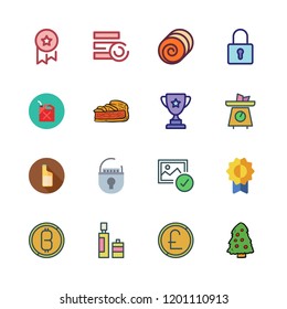 golden icon set. vector set about trophy, pie, medal and oils icons set.