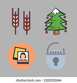 golden icon set. vector set about christmas tree, picture, padlock and wheat icons set.