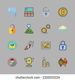 golden icon set. vector set about christmas tree, bauble, cutlery and confetti icons set.