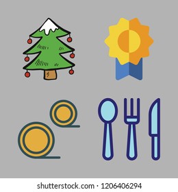 golden icon set. vector set about medal, cutlery, coins and christmas tree icons set.