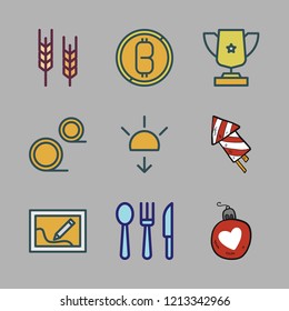 golden icon set. vector set about sunset, firework, wheat and bauble icons set.