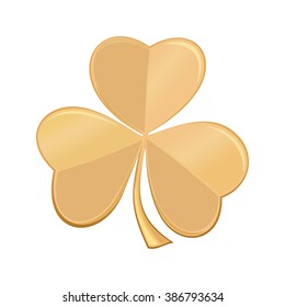 Golden icon three-sheeted, trifoliate, shamrock, trefoil clover, isolated on white background. Design element, symbol of St. Valentine's Day. Vector illustration.