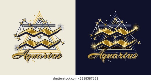 Golden icon of zodiac sign Aquarius with constellation with stars, text, triangle as alchemical symbol for air element. Horoscope esoteric elements. Vintage style.