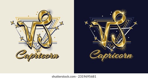 Golden icon of zodiac sign Capricorn with constellation with stars, text, triangle as alchemical symbol for earth element. Horoscope esoteric elements. Vintage style.