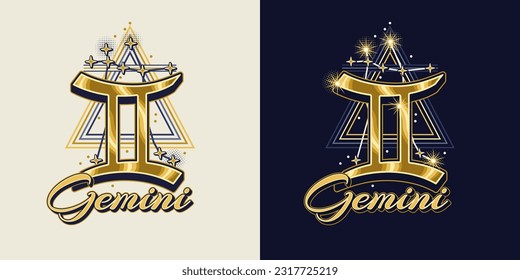 Golden icon of zodiac sign Gemini with constellation with stars, text, triangle as alchemical symbol for air element. Horoscope esoteric elements. Vintage style.