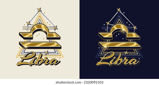 Golden icon of zodiac sign Libra with constellation with stars, text, triangle as alchemical symbol for air element. Horoscope esoteric elements. Vintage style.