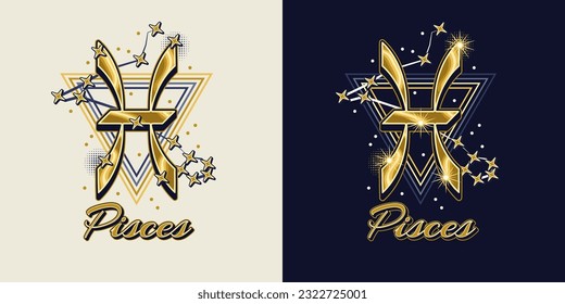 Golden icon of zodiac sign Pisces with constellation with stars, text, triangle as alchemical symbol for water element. Horoscope esoteric elements. Vintage style.